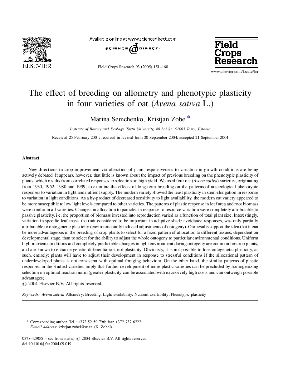 The effect of breeding on allometry and phenotypic plasticity in four varieties of oat (Avena sativa L.)