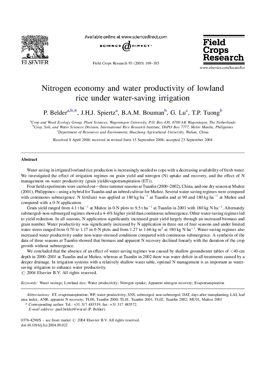 Nitrogen economy and water productivity of lowland rice under water-saving irrigation