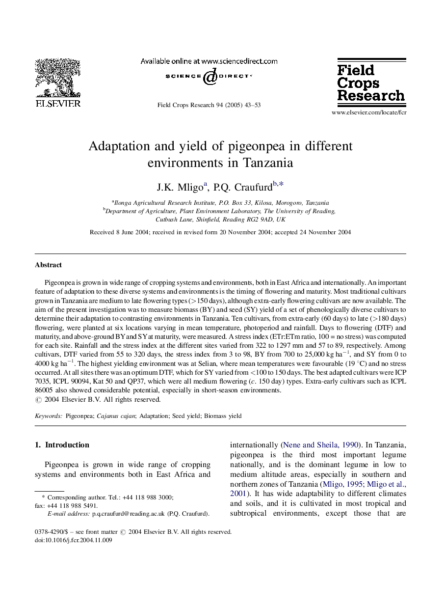 Adaptation and yield of pigeonpea in different environments in Tanzania