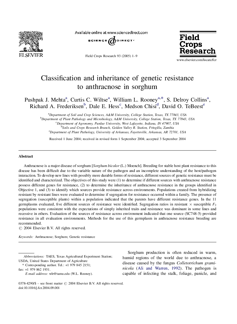 Classification and inheritance of genetic resistance to anthracnose in sorghum