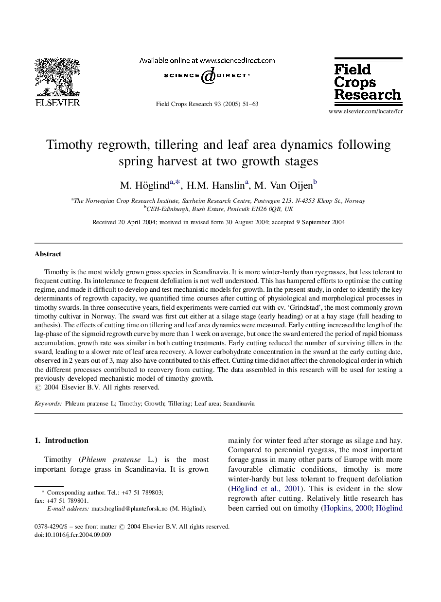 Timothy regrowth, tillering and leaf area dynamics following spring harvest at two growth stages