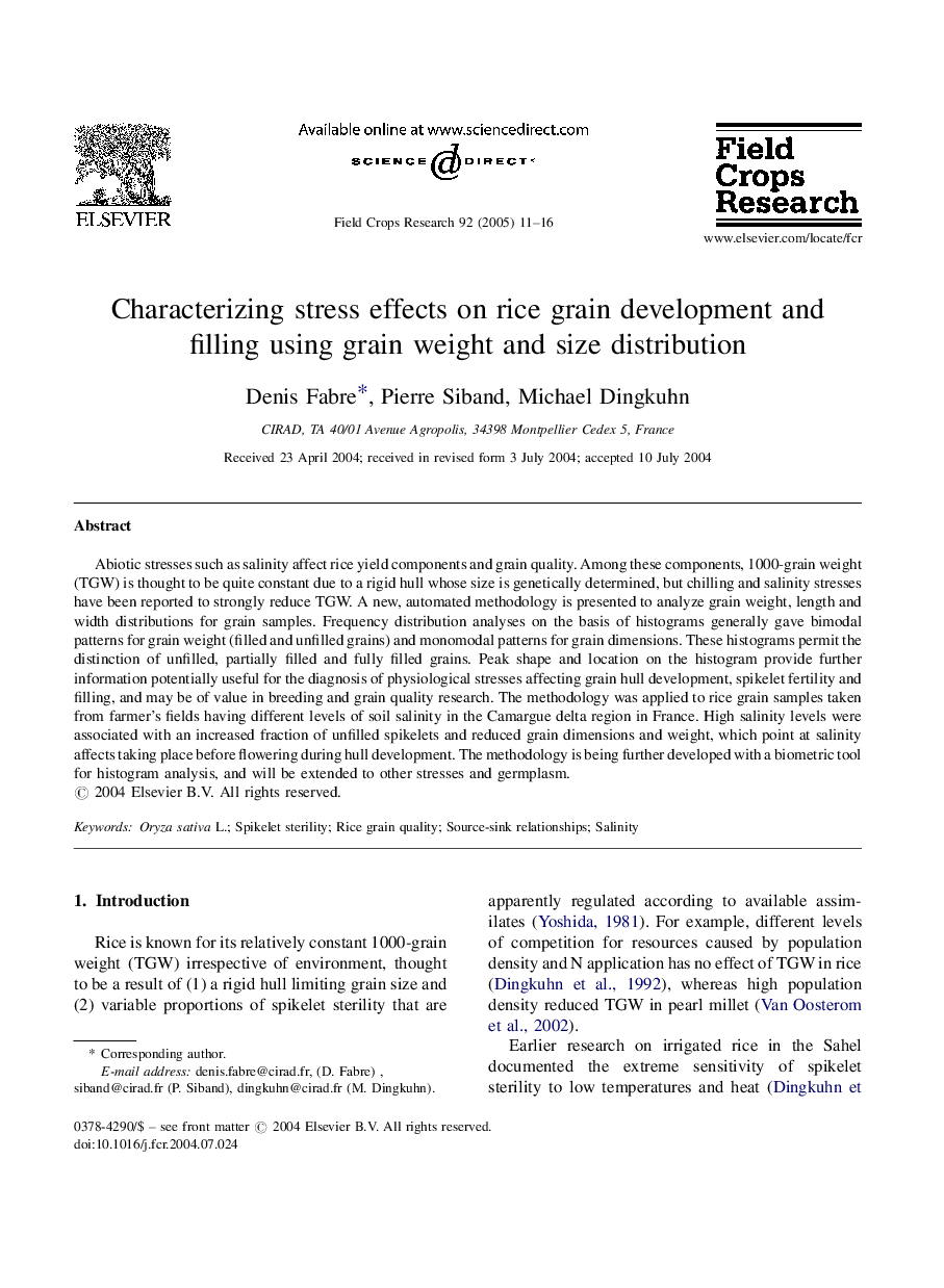 Characterizing stress effects on rice grain development and filling using grain weight and size distribution