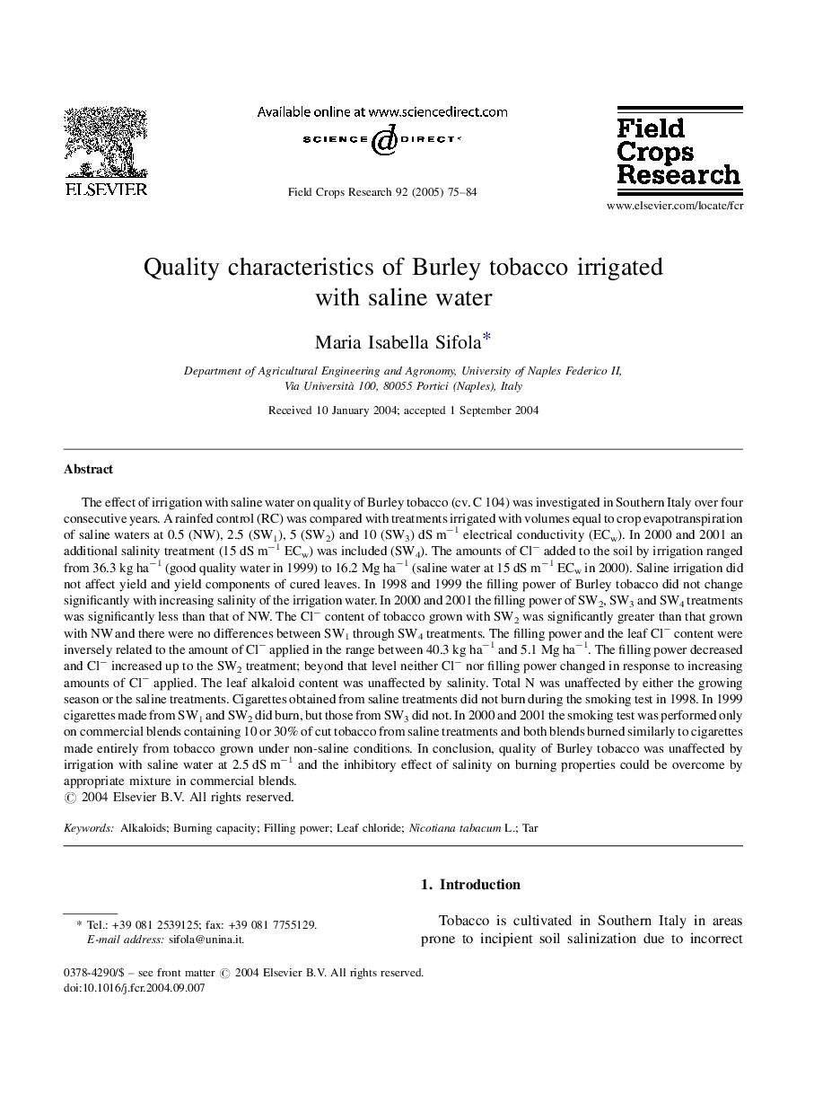 Quality characteristics of Burley tobacco irrigated with saline water