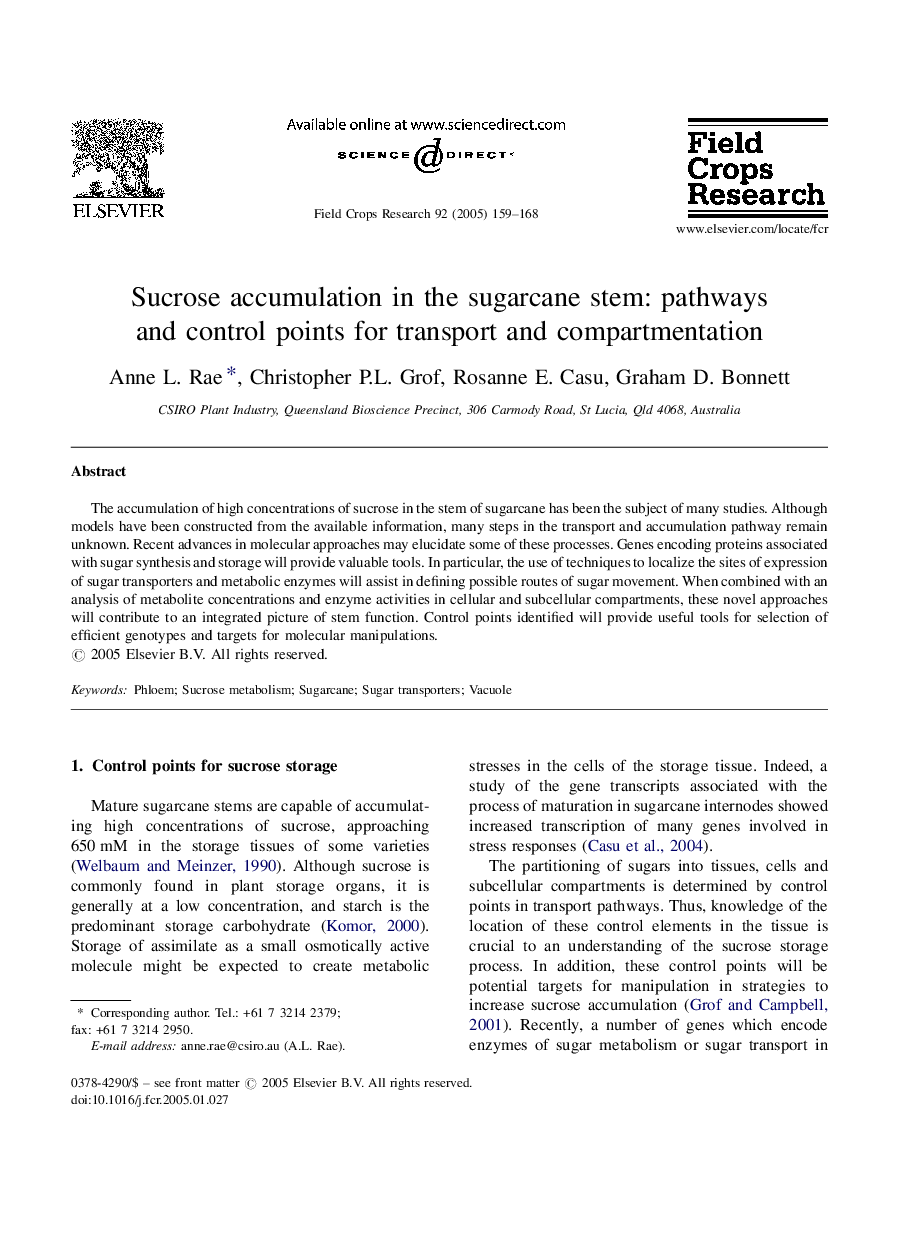 Sucrose accumulation in the sugarcane stem: pathways and control points for transport and compartmentation