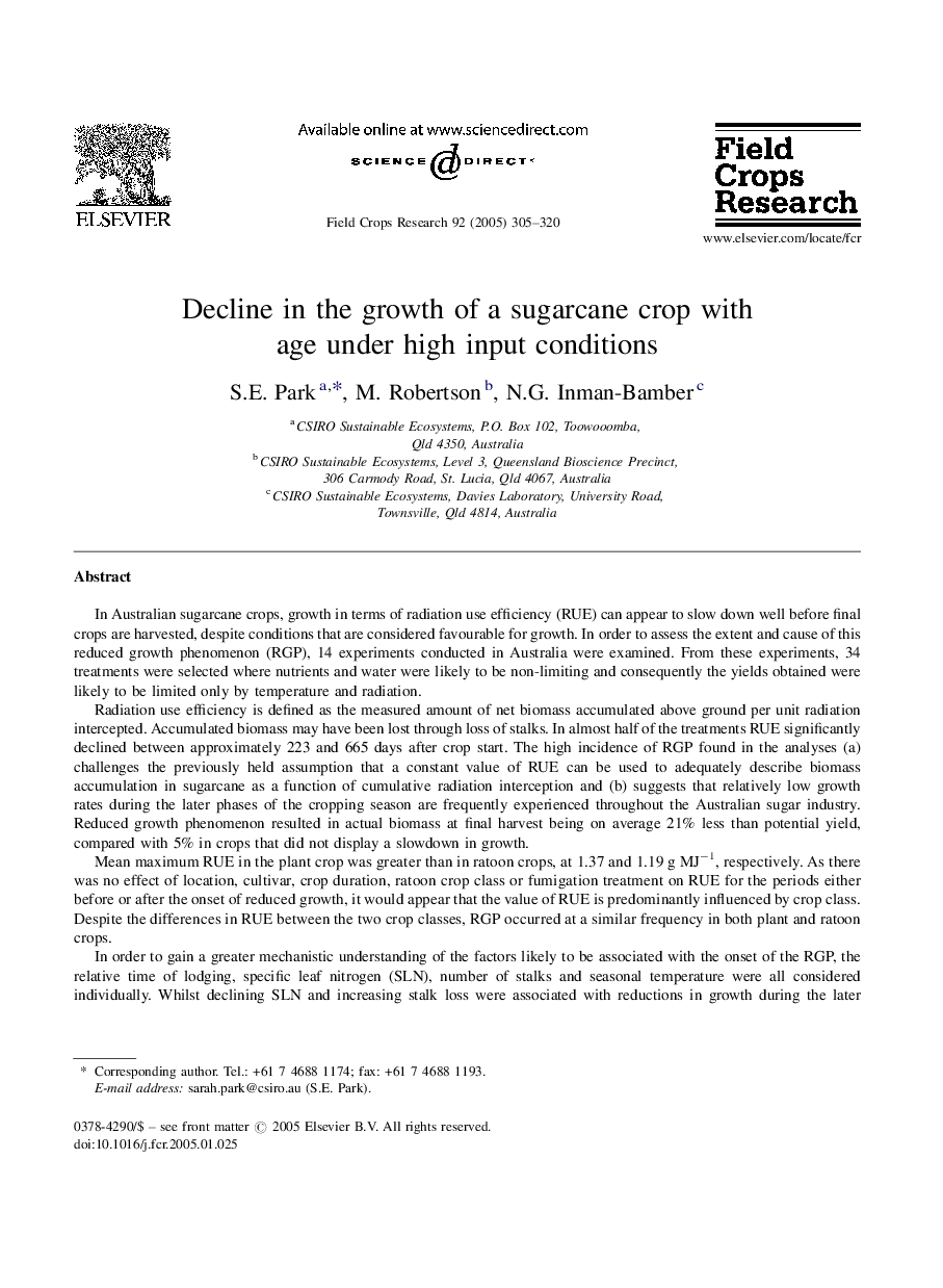 Decline in the growth of a sugarcane crop with age under high input conditions