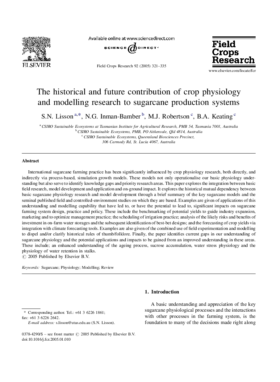 The historical and future contribution of crop physiology and modelling research to sugarcane production systems