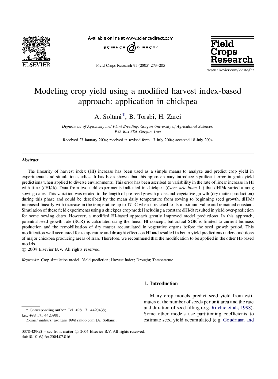 Modeling crop yield using a modified harvest index-based approach: application in chickpea