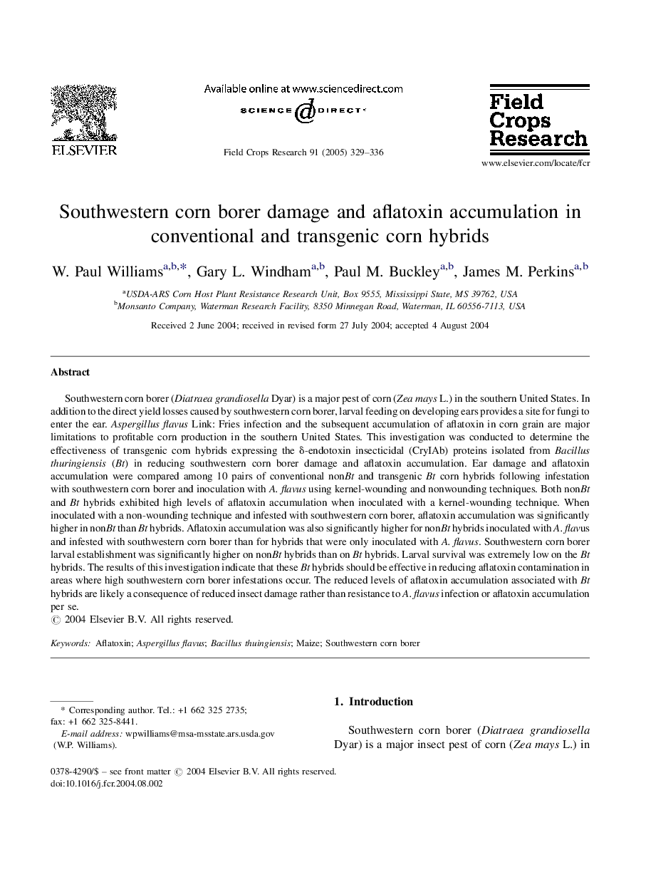 Southwestern corn borer damage and aflatoxin accumulation in conventional and transgenic corn hybrids