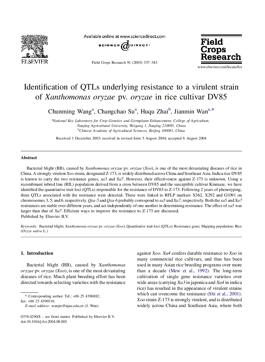 Identification of QTLs underlying resistance to a virulent strain of Xanthomonas oryzae pv. oryzae in rice cultivar DV85
