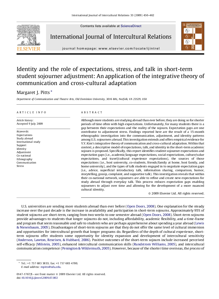 Identity and the role of expectations, stress, and talk in short-term student sojourner adjustment: An application of the integrative theory of communication and cross-cultural adaptation