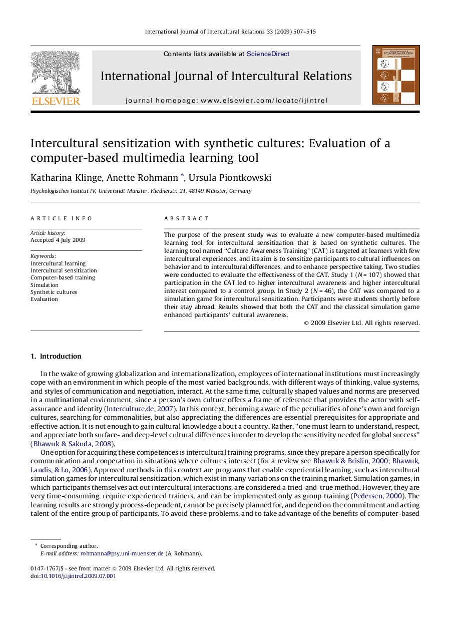 Intercultural sensitization with synthetic cultures: Evaluation of a computer-based multimedia learning tool