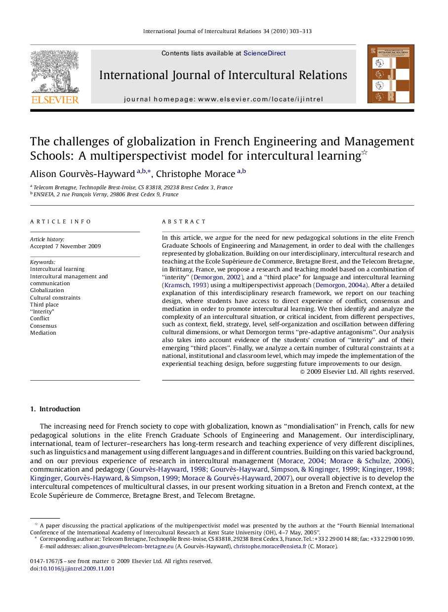 The challenges of globalization in French Engineering and Management Schools: A multiperspectivist model for intercultural learning 