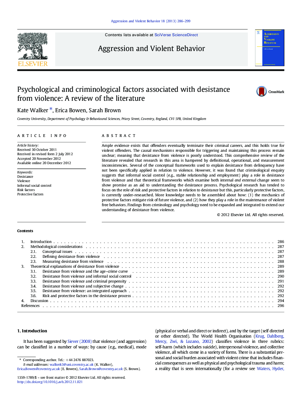 Psychological and criminological factors associated with desistance from violence: A review of the literature