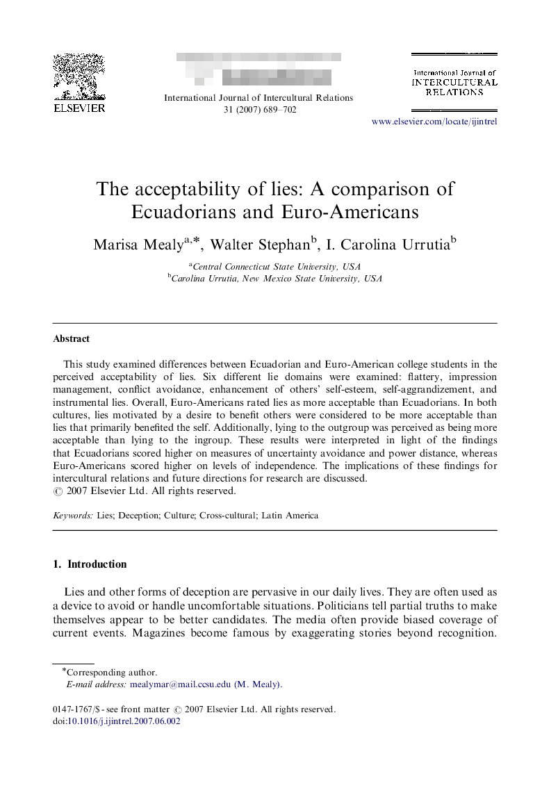 The acceptability of lies: A comparison of Ecuadorians and Euro-Americans