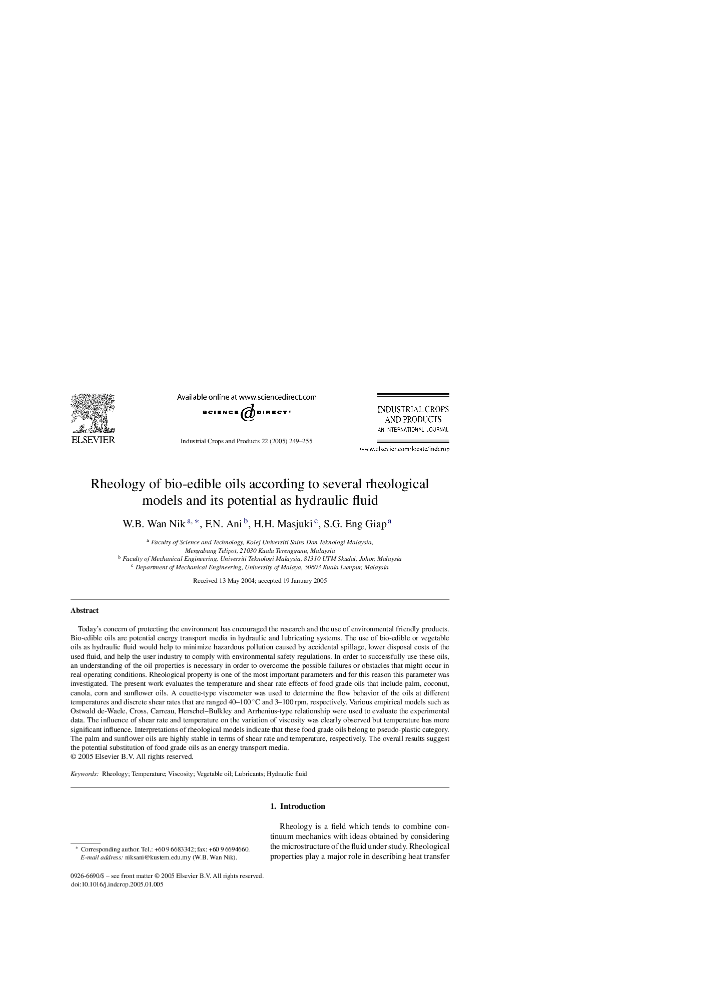 Rheology of bio-edible oils according to several rheological models and its potential as hydraulic fluid