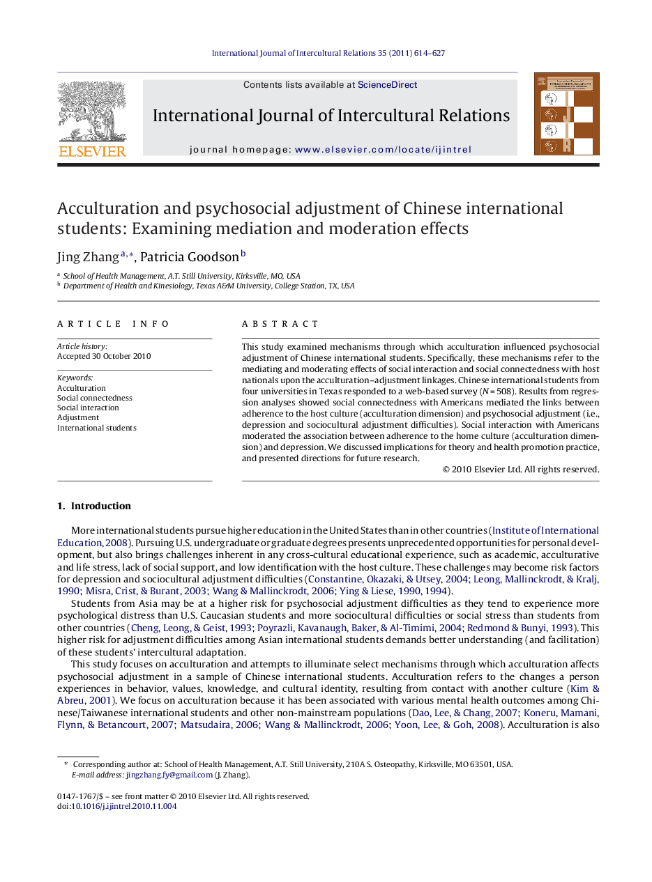 Acculturation and psychosocial adjustment of Chinese international students: Examining mediation and moderation effects