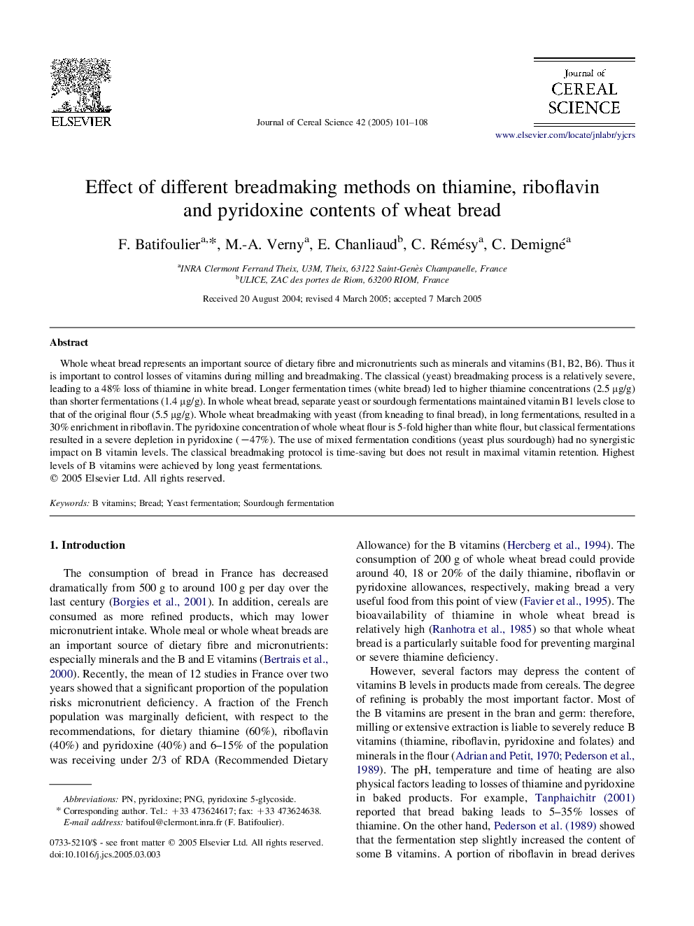 Effect of different breadmaking methods on thiamine, riboflavin and pyridoxine contents of wheat bread