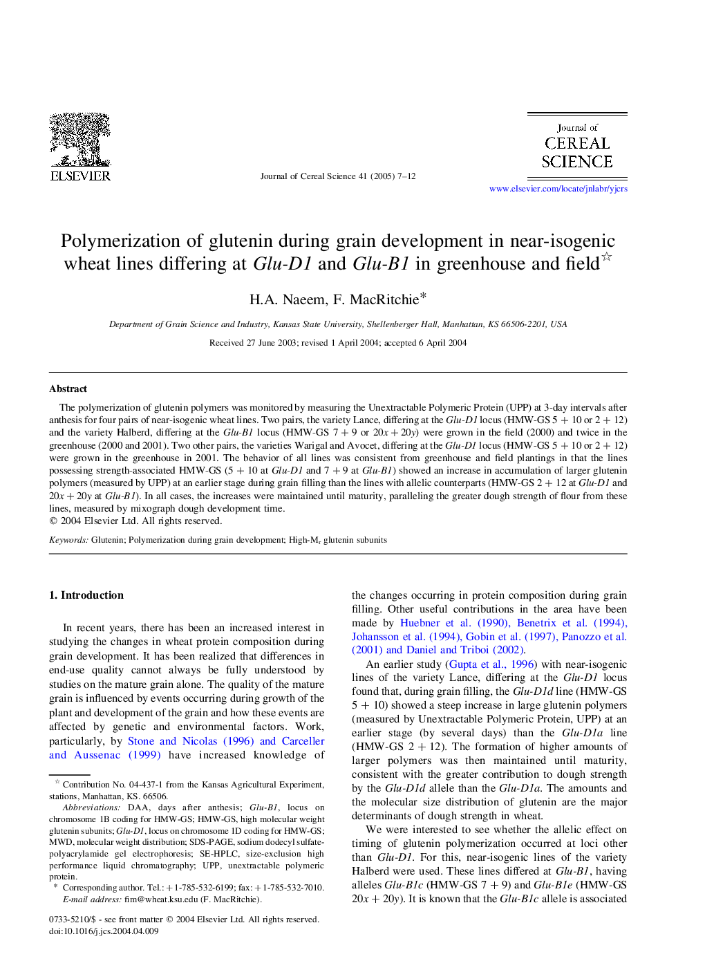 Polymerization of glutenin during grain development in near-isogenic wheat lines differing at Glu-D1 and Glu-B1 in greenhouse and field