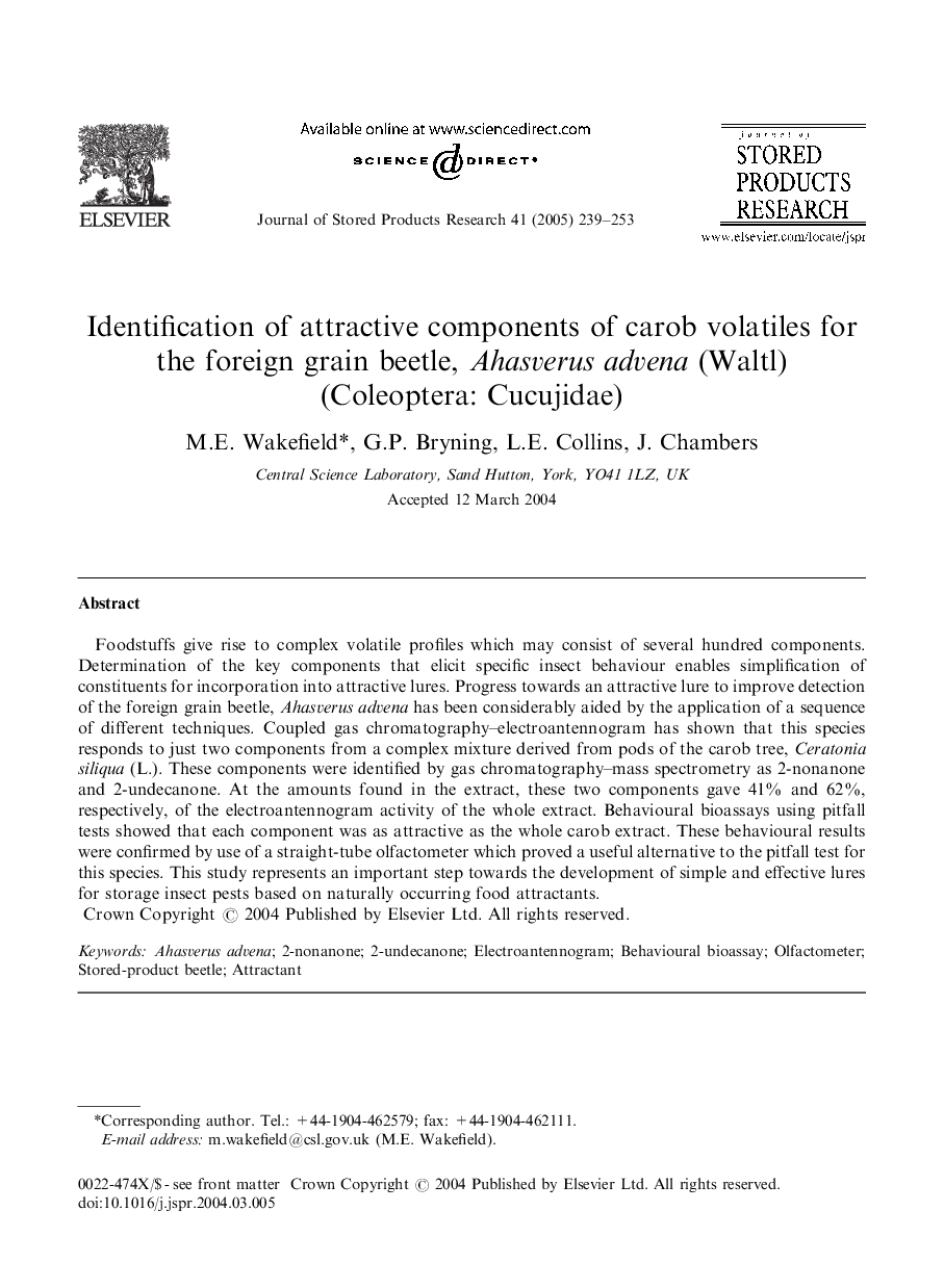 Identification of attractive components of carob volatiles for the foreign grain beetle, Ahasverus advena (Waltl)