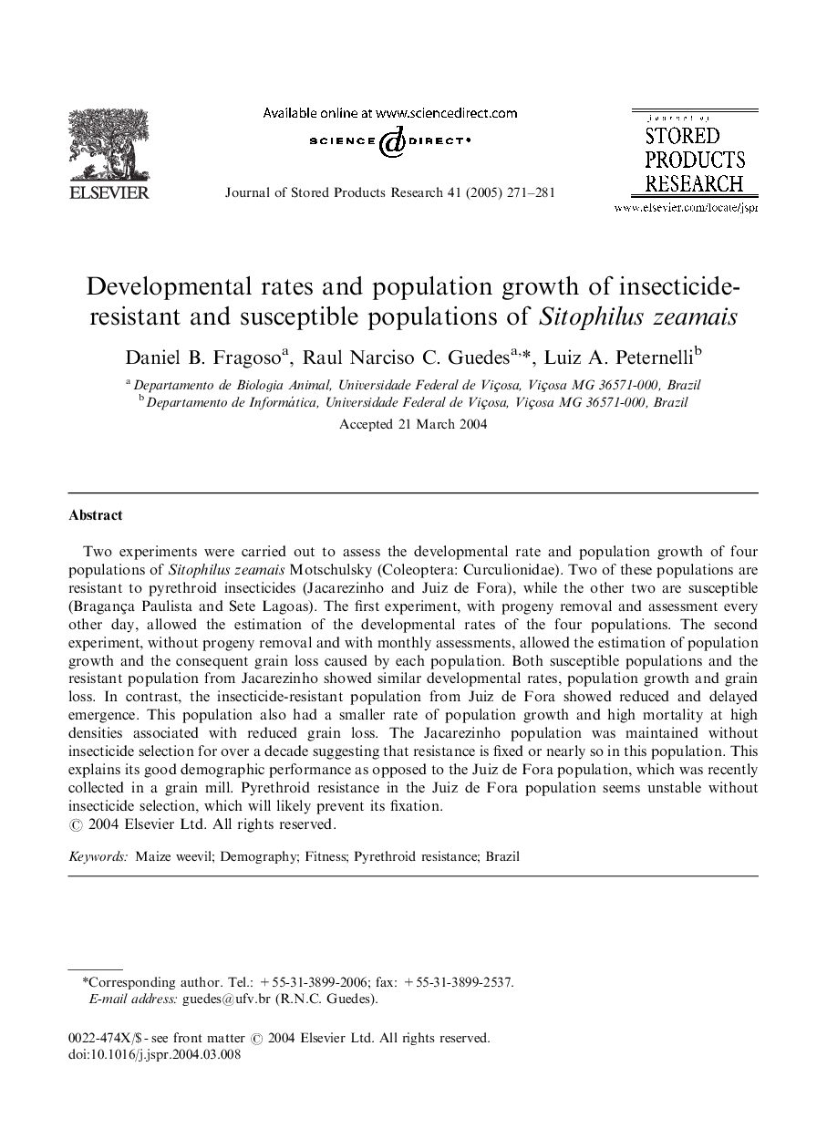 Developmental rates and population growth of insecticide-resistant and susceptible populations of Sitophilus zeamais