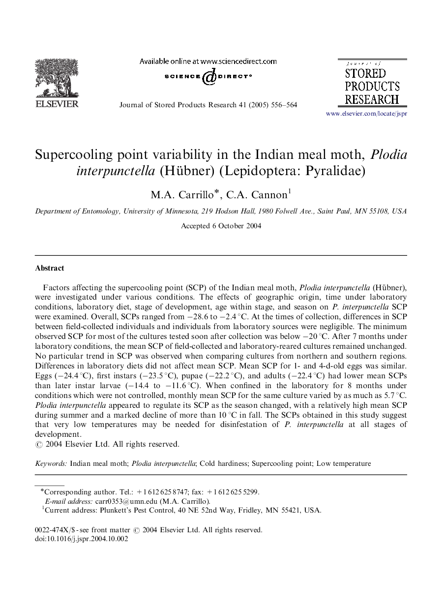 Supercooling point variability in the Indian meal moth, Plodia interpunctella (Hübner) (Lepidoptera: Pyralidae)