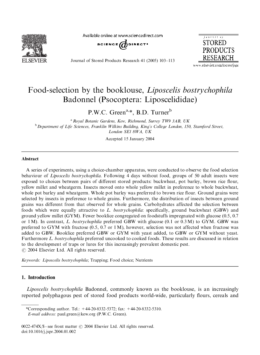 Food-selection by the booklouse, Liposcelis bostrychophila Badonnel (Psocoptera: Liposcelididae)