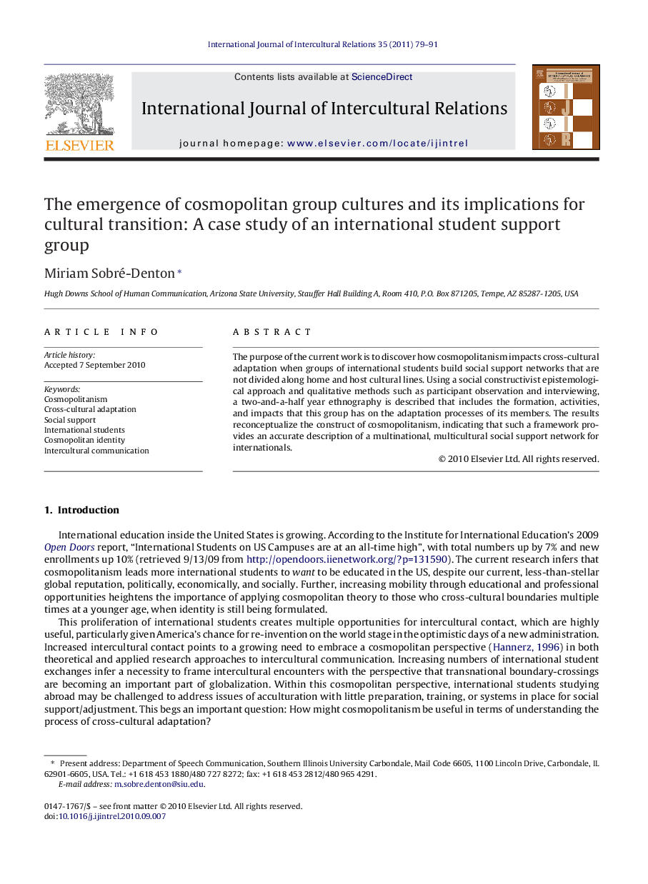 The emergence of cosmopolitan group cultures and its implications for cultural transition: A case study of an international student support group