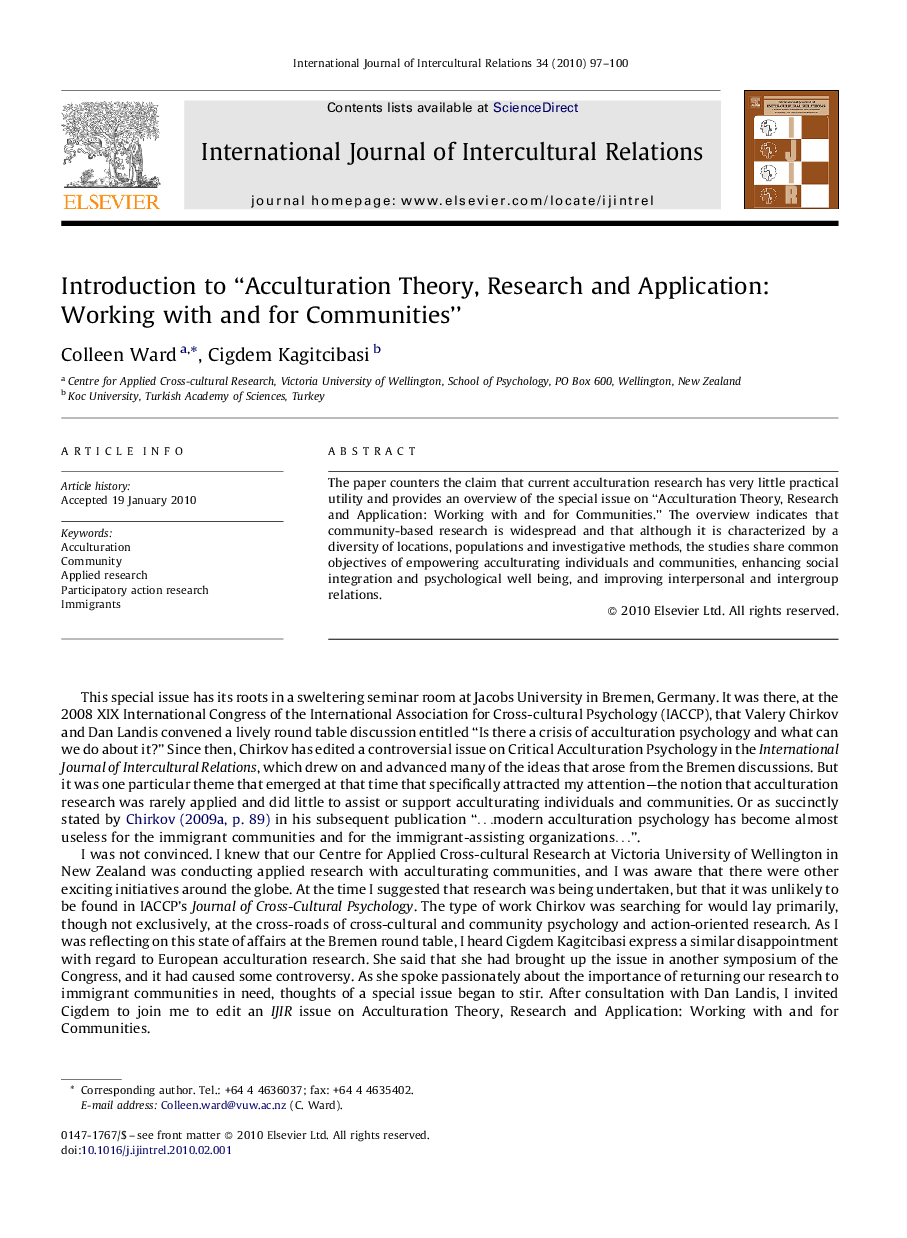 Introduction to “Acculturation Theory, Research and Application: Working with and for Communities”