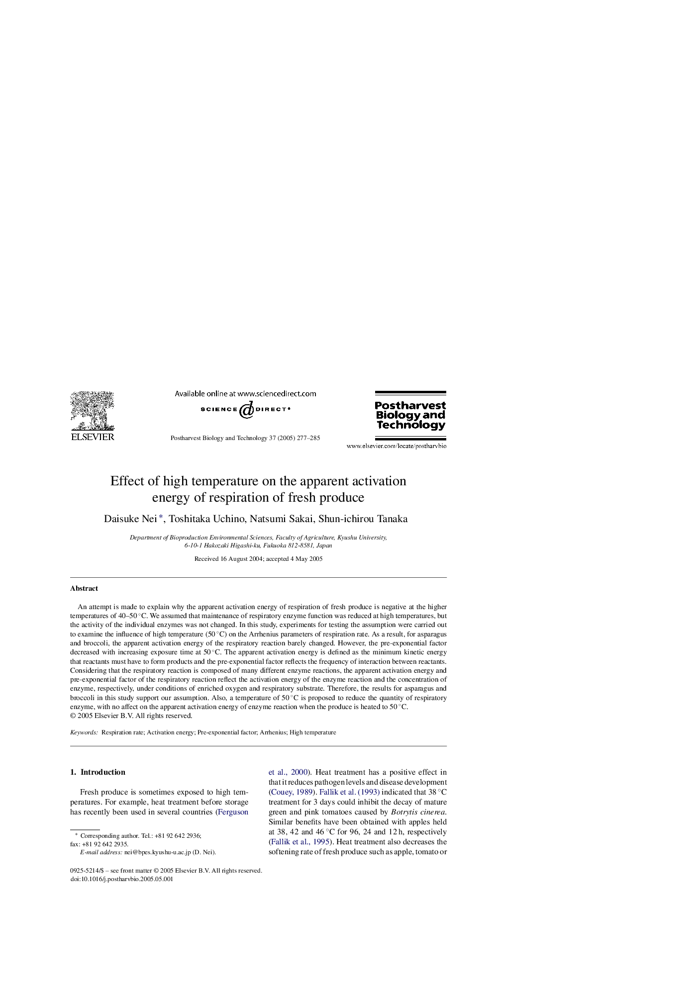 Effect of high temperature on the apparent activation energy of respiration of fresh produce