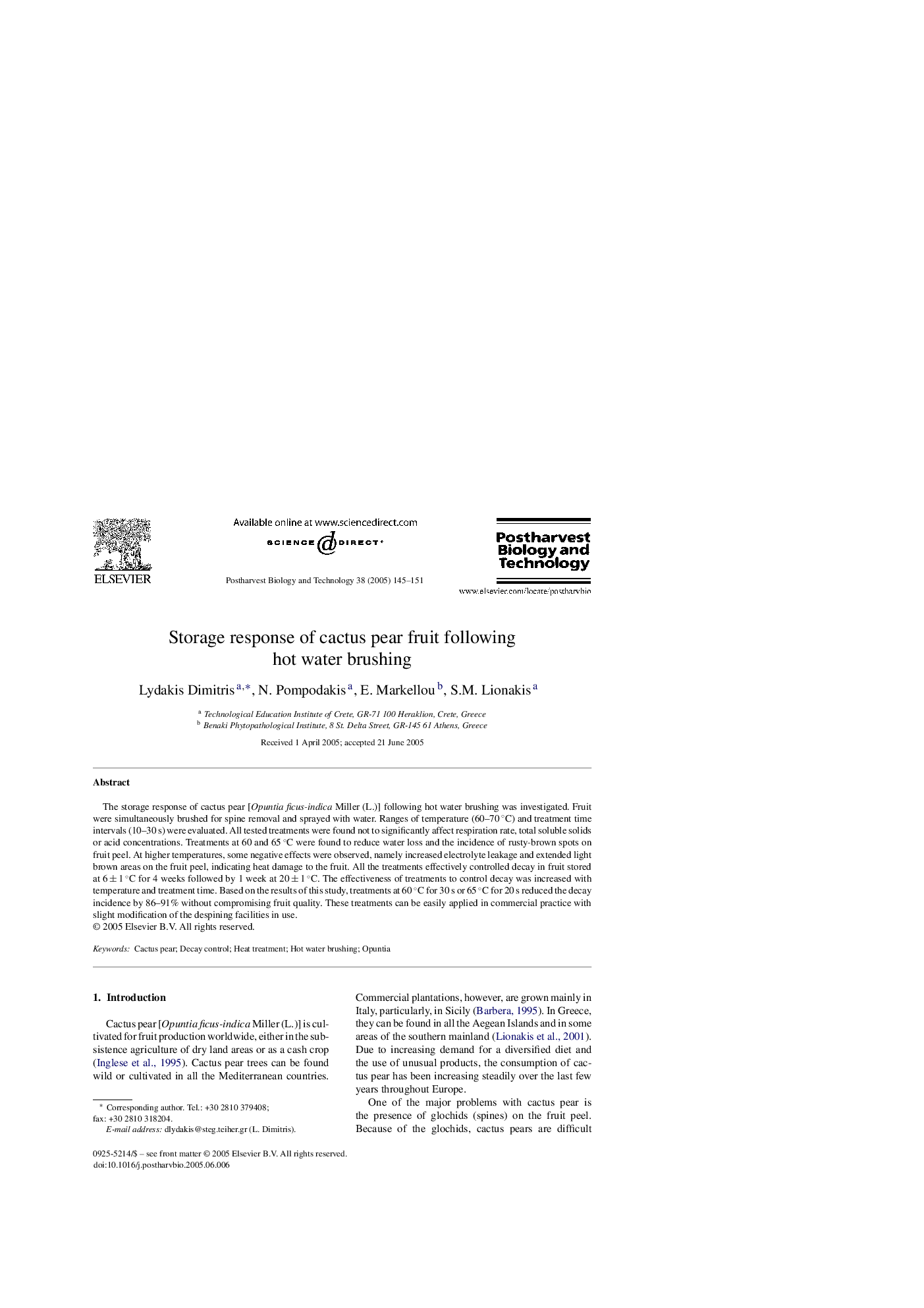 Storage response of cactus pear fruit following hot water brushing