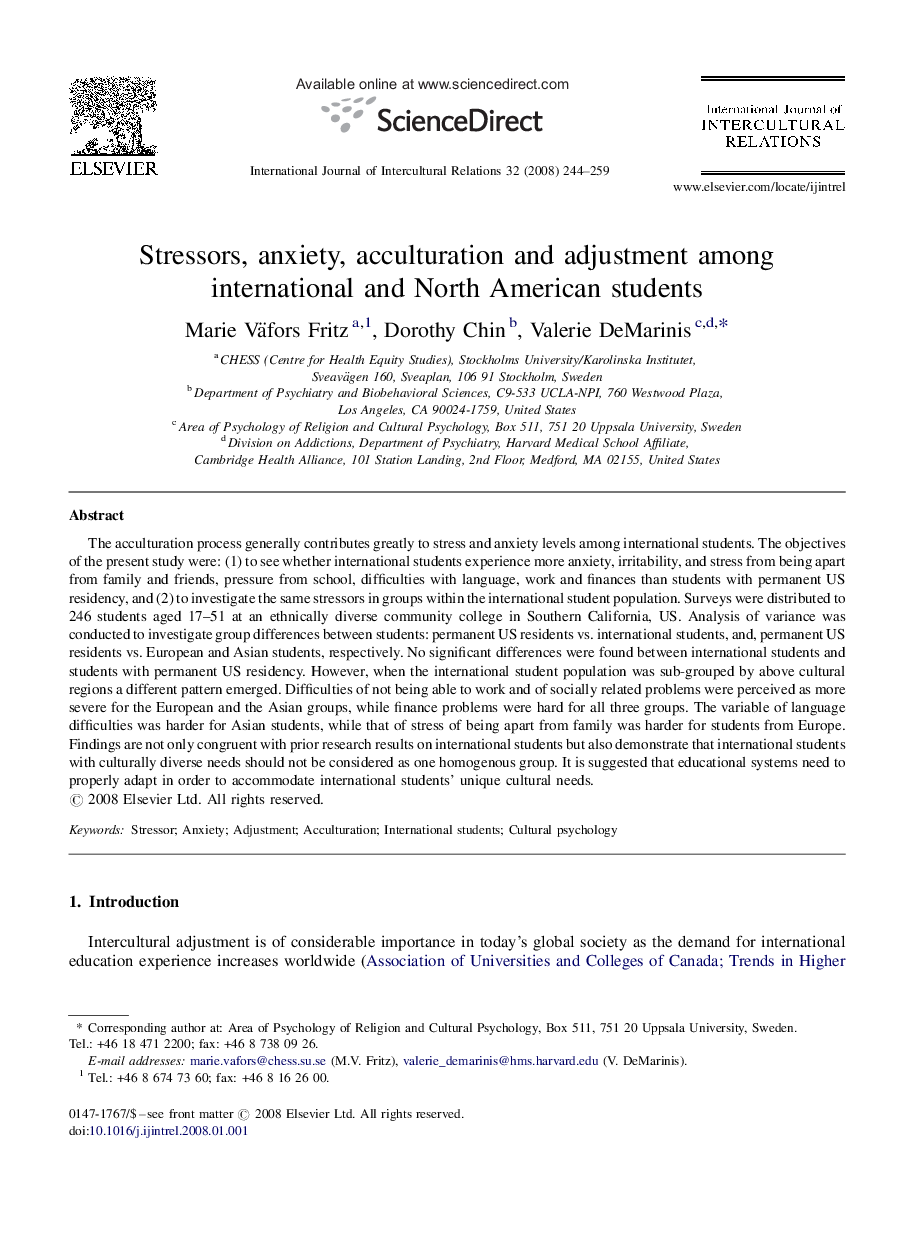 Stressors, anxiety, acculturation and adjustment among international and North American students