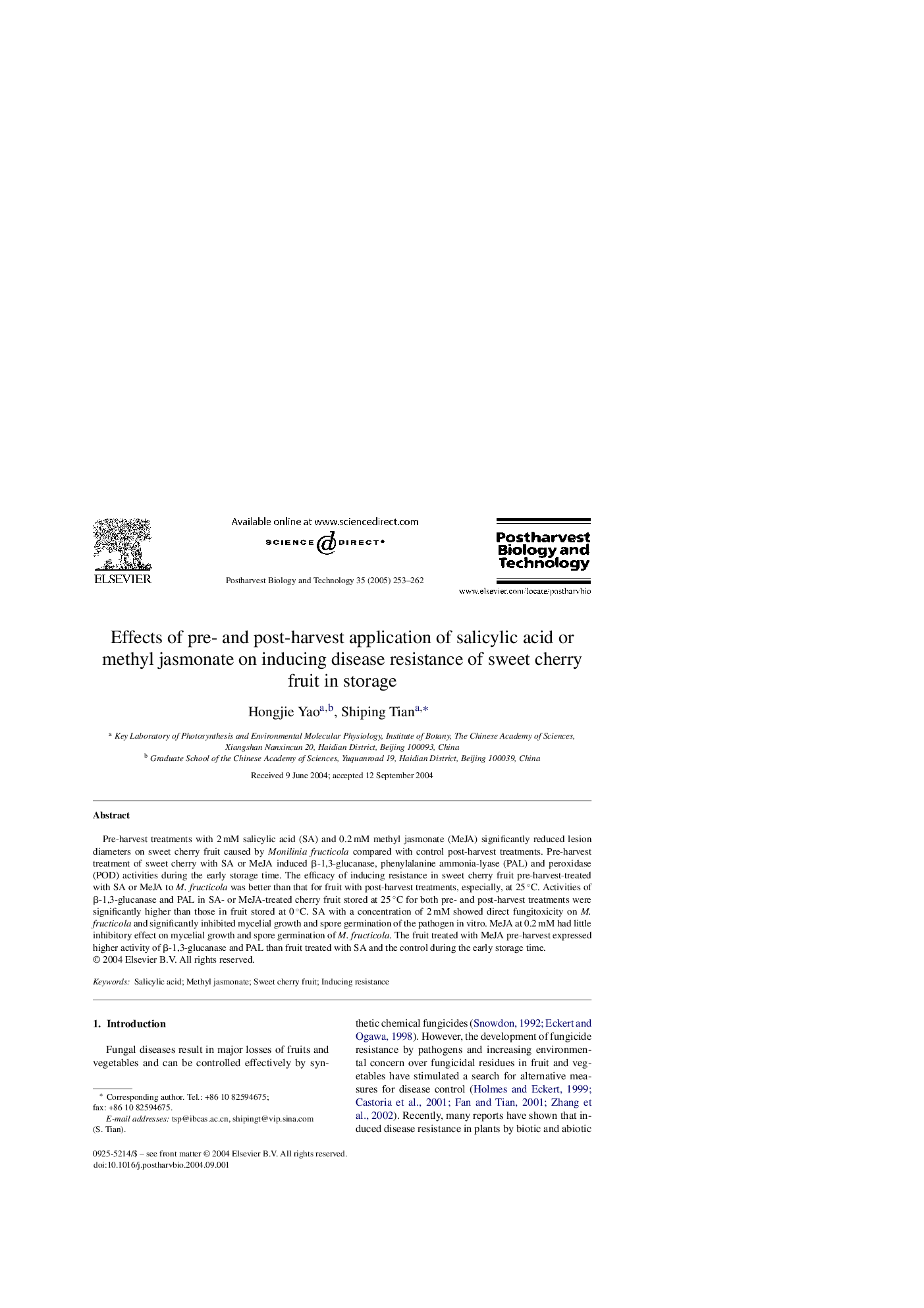 عکس صفحه اول مقاله: Effects of pre- and post-harvest application of salicylic acid or methyl jasmonate on inducing disease resistance of sweet cherry fruit in storage Effects of pre- and post-harvest application of salicylic acid or methyl jasmonate on inducing disease resistance of sweet cherry fruit in storage