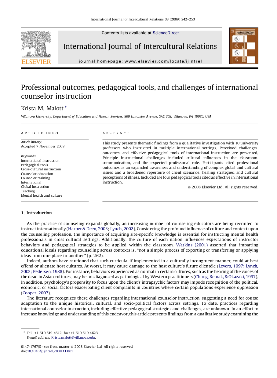 Professional outcomes, pedagogical tools, and challenges of international counselor instruction