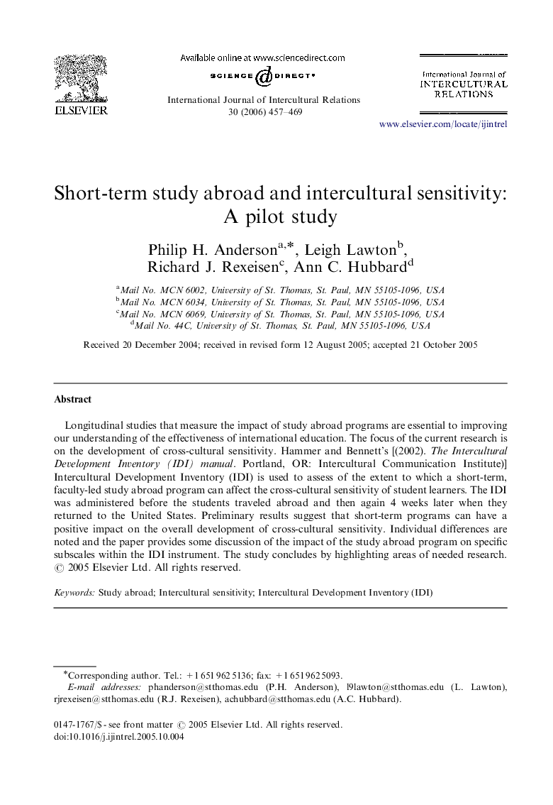 Short-term study abroad and intercultural sensitivity: A pilot study