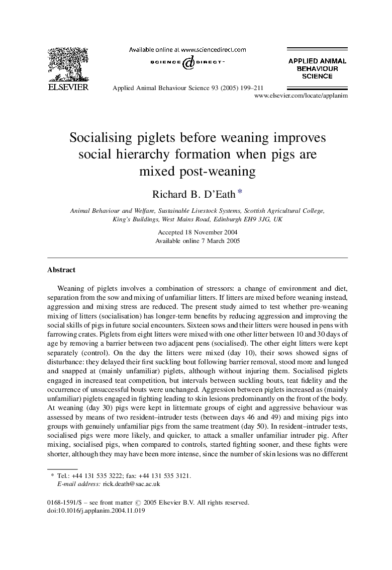 Socialising piglets before weaning improves social hierarchy formation when pigs are mixed post-weaning