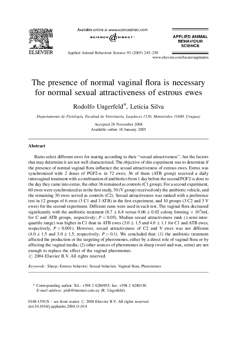 The presence of normal vaginal flora is necessary for normal sexual attractiveness of estrous ewes