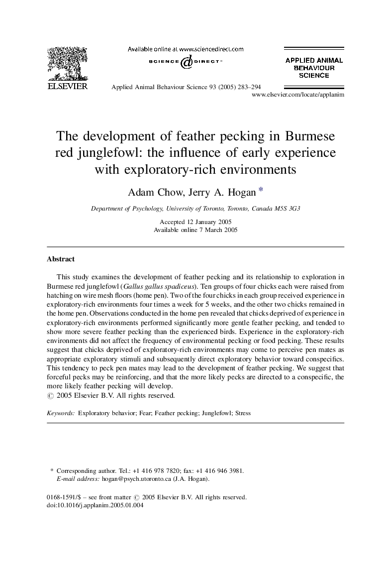 The development of feather pecking in Burmese red junglefowl: the influence of early experience with exploratory-rich environments