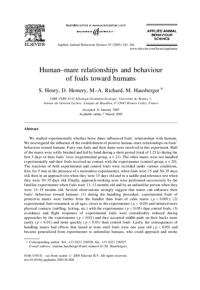 Human-mare relationships and behaviour of foals toward humans