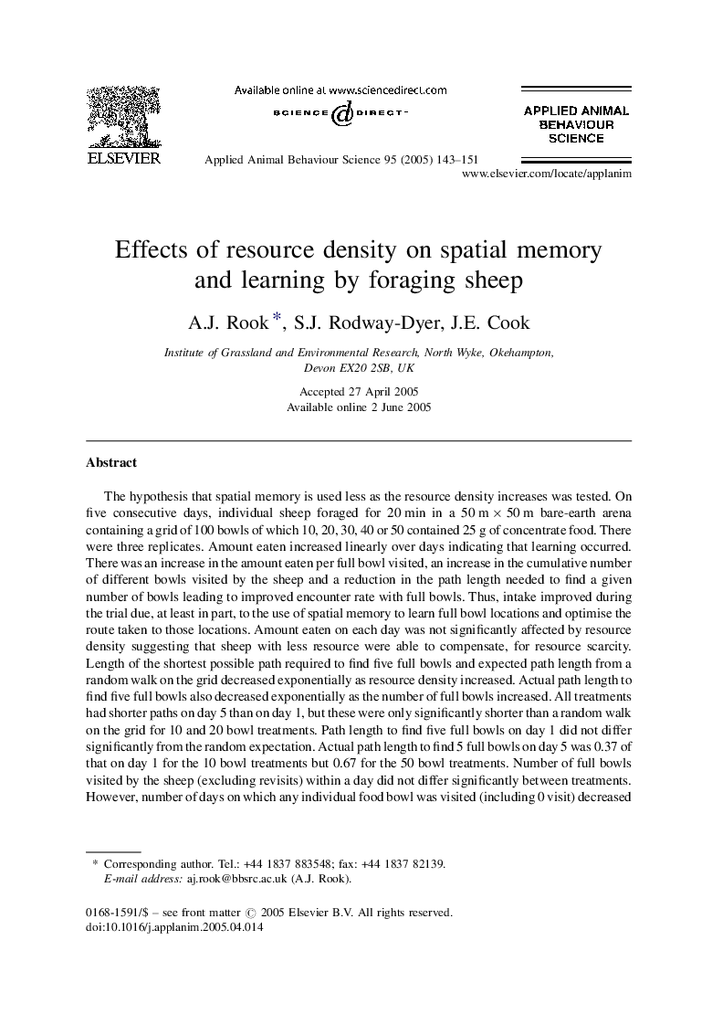 Effects of resource density on spatial memory and learning by foraging sheep