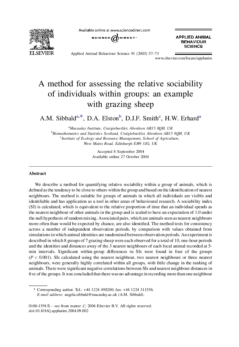 A method for assessing the relative sociability of individuals within groups: an example with grazing sheep