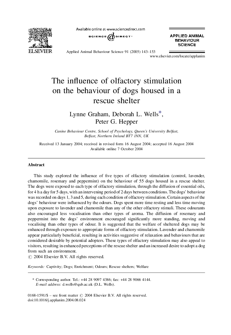 The influence of olfactory stimulation on the behaviour of dogs housed in a rescue shelter