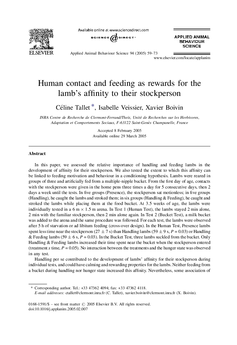 Human contact and feeding as rewards for the lamb's affinity to their stockperson