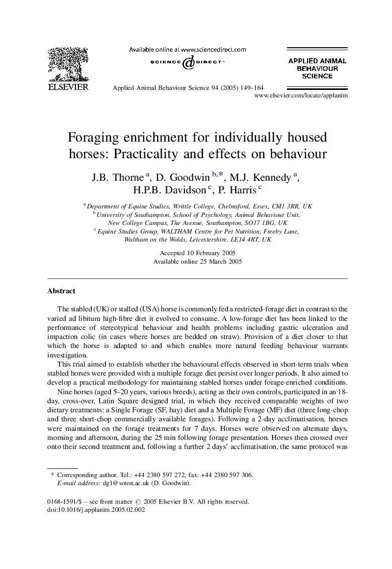 Foraging enrichment for individually housed horses: Practicality and effects on behaviour