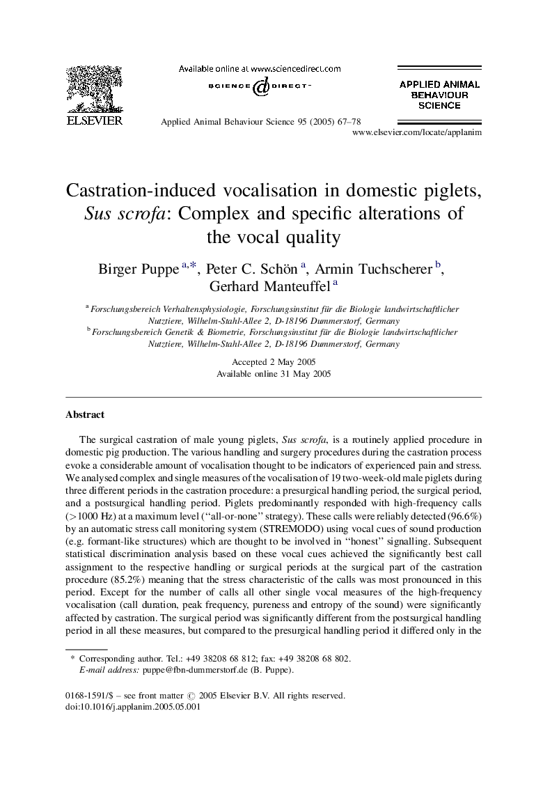 Castration-induced vocalisation in domestic piglets, Sus scrofa: Complex and specific alterations of the vocal quality