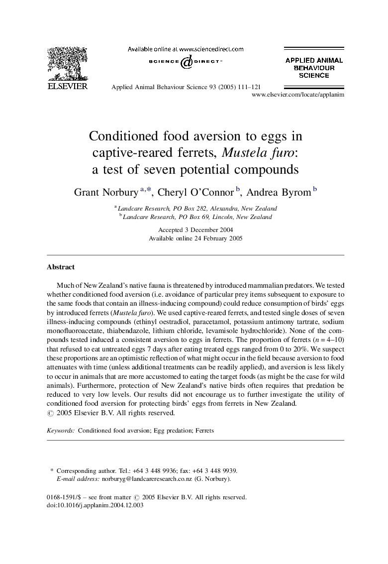 Conditioned food aversion to eggs in captive-reared ferrets, Mustela furo: a test of seven potential compounds