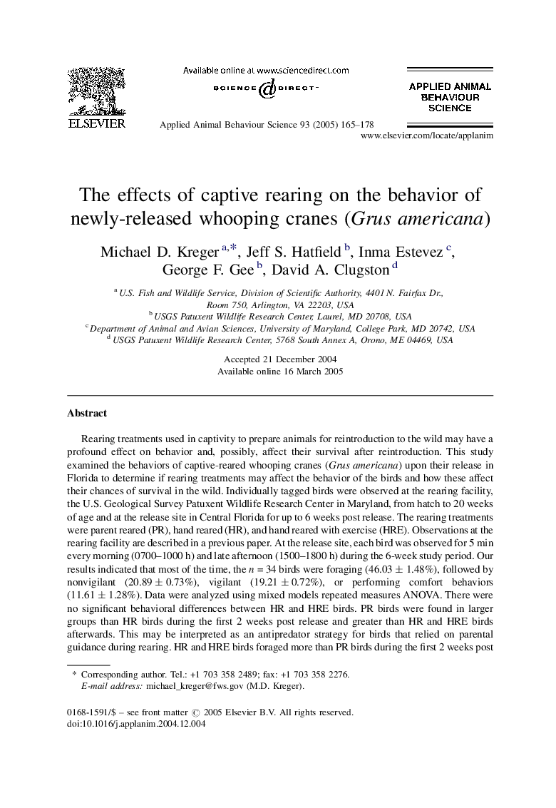 The effects of captive rearing on the behavior of newly-released whooping cranes (Grus americana)