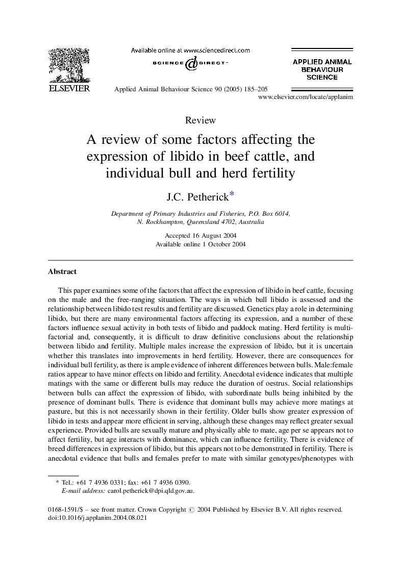 A review of some factors affecting the expression of libido in beef cattle, and individual bull and herd fertility