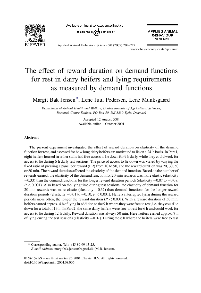 The effect of reward duration on demand functions for rest in dairy heifers and lying requirements as measured by demand functions