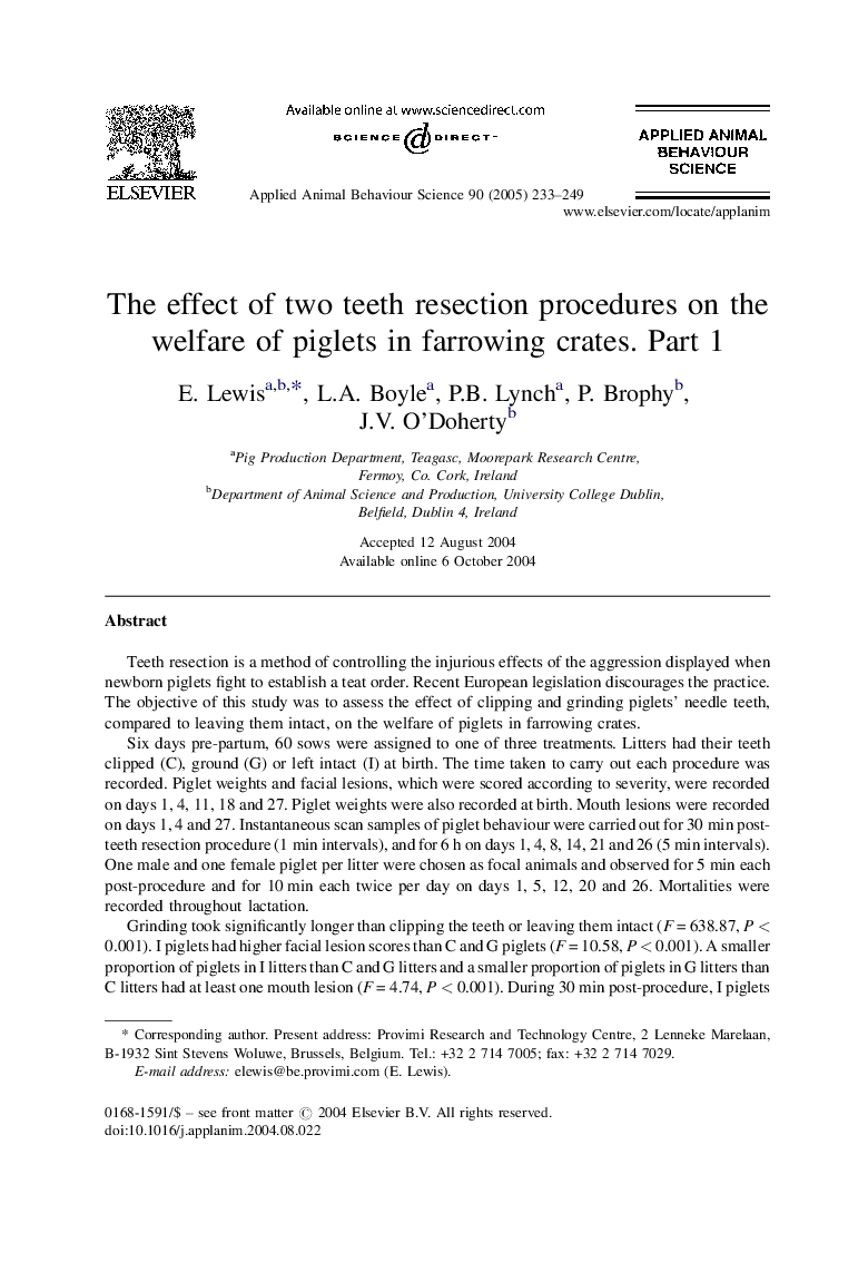 The effect of two teeth resection procedures on the welfare of piglets in farrowing crates. Part 1