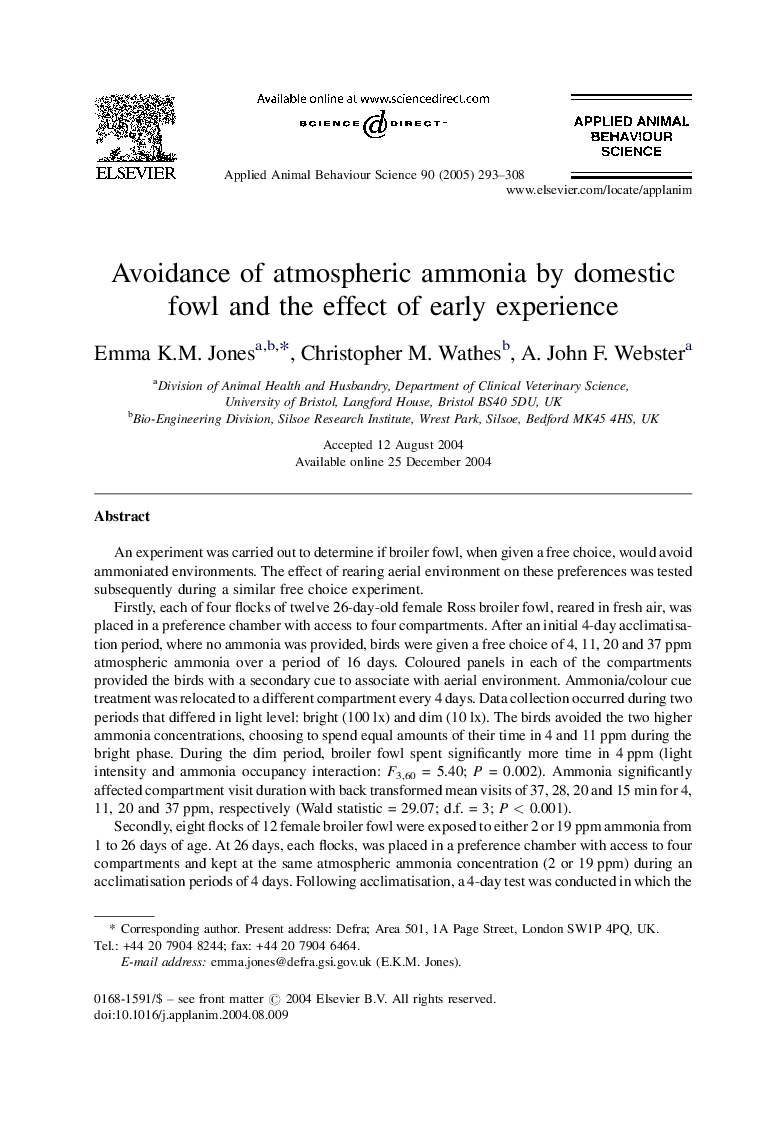 Avoidance of atmospheric ammonia by domestic fowl and the effect of early experience